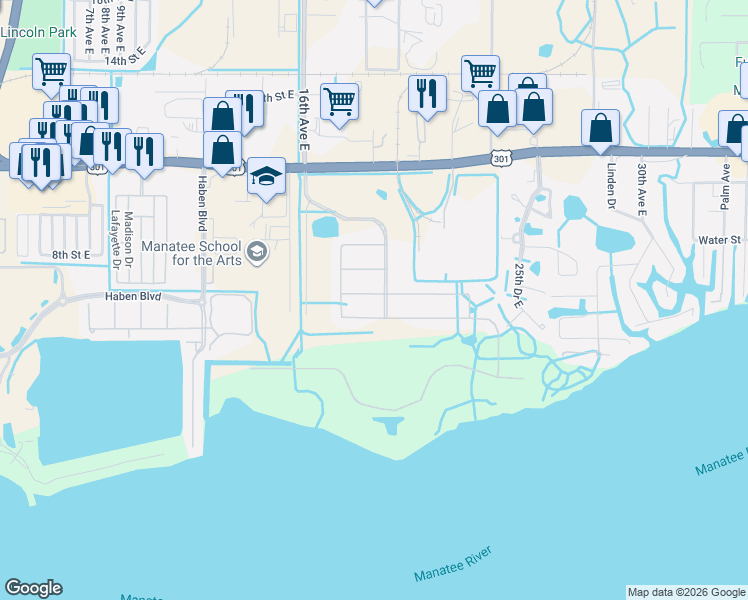 map of restaurants, bars, coffee shops, grocery stores, and more near 1813 6th Avenue West in Palmetto