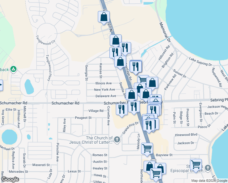 map of restaurants, bars, coffee shops, grocery stores, and more near 3241 New York Ave in Sebring