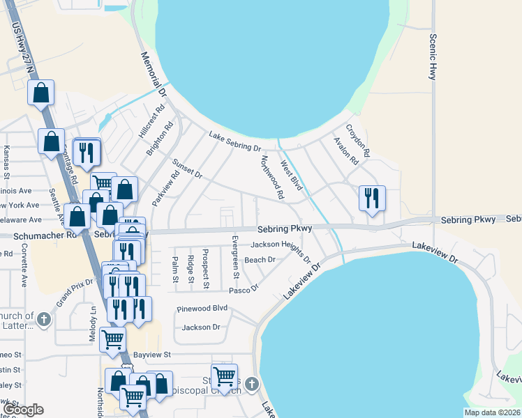 map of restaurants, bars, coffee shops, grocery stores, and more near 107 Springdale Road in Sebring