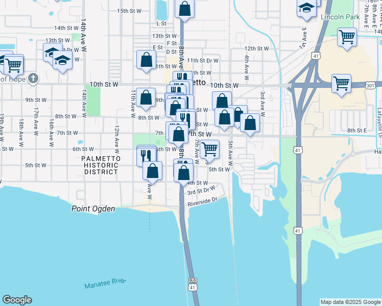 map of restaurants, bars, coffee shops, grocery stores, and more near 525 7th Avenue West in Palmetto
