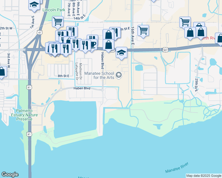 map of restaurants, bars, coffee shops, grocery stores, and more near 1512 3rd Street Circle East in Palmetto
