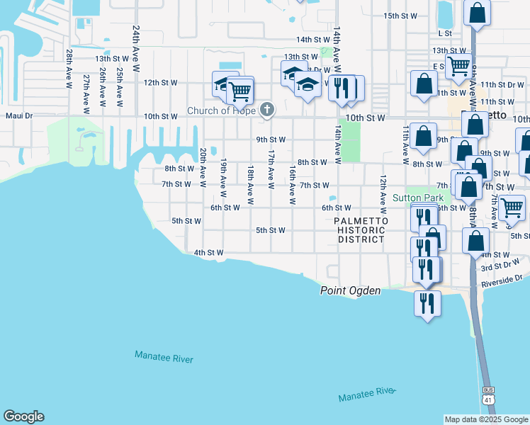 map of restaurants, bars, coffee shops, grocery stores, and more near 1703 6th Street West in Palmetto