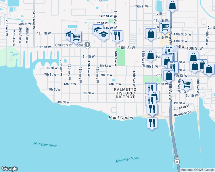 map of restaurants, bars, coffee shops, grocery stores, and more near 514 15th Avenue West in Palmetto