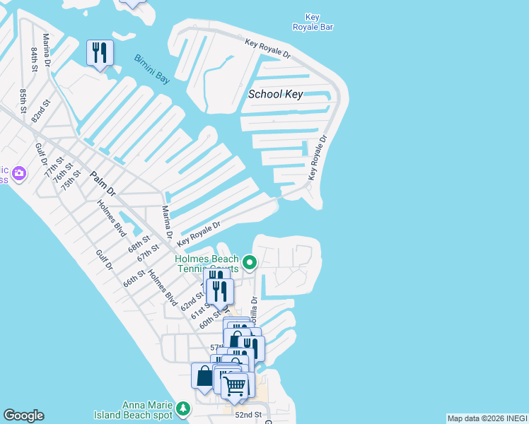 map of restaurants, bars, coffee shops, grocery stores, and more near 539 Key Royale Drive in Holmes Beach