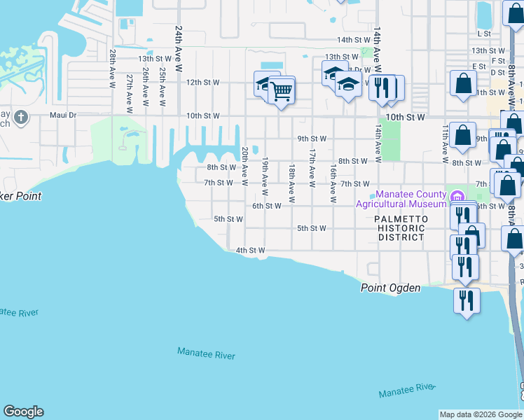 map of restaurants, bars, coffee shops, grocery stores, and more near 509 19th Avenue West in Palmetto