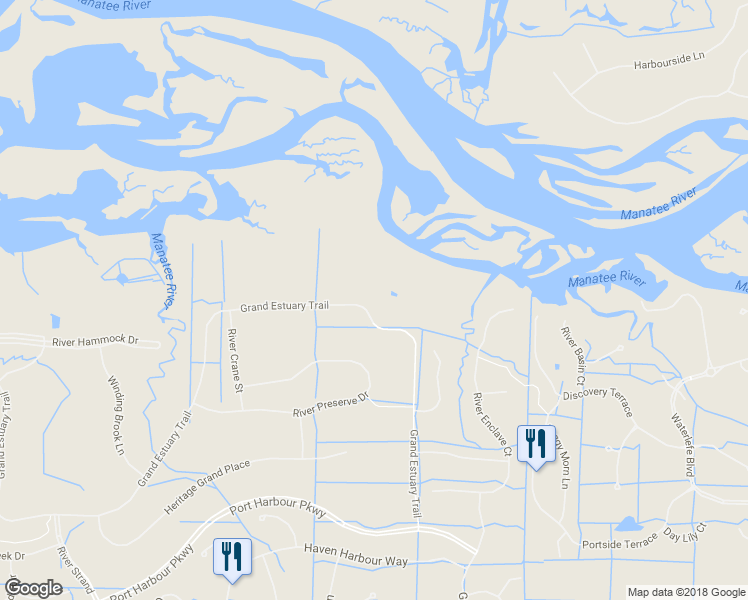 map of restaurants, bars, coffee shops, grocery stores, and more near 8407 Grand Estuary Trail in Bradenton