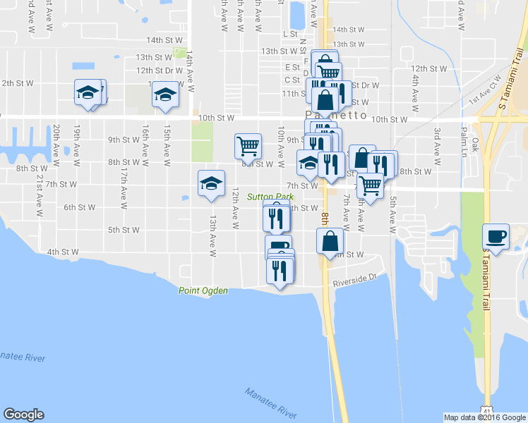 map of restaurants, bars, coffee shops, grocery stores, and more near 1037 6th Street West in Palmetto