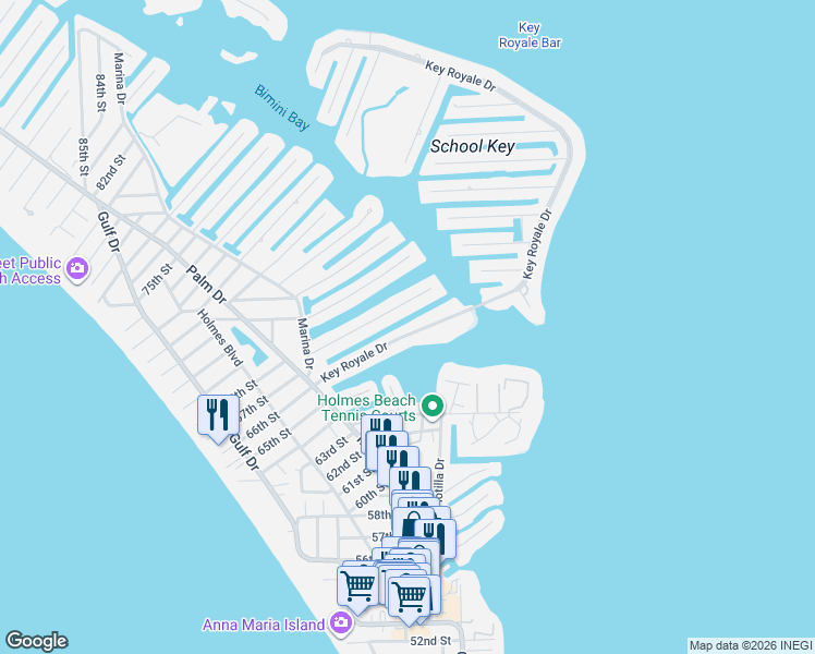 map of restaurants, bars, coffee shops, grocery stores, and more near 529 Key Royale Drive in Holmes Beach