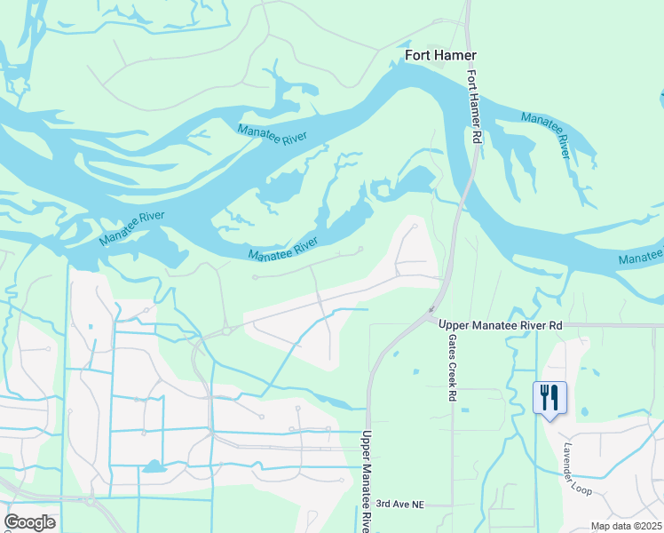 map of restaurants, bars, coffee shops, grocery stores, and more near 10610 Riverbank Terrace in Bradenton