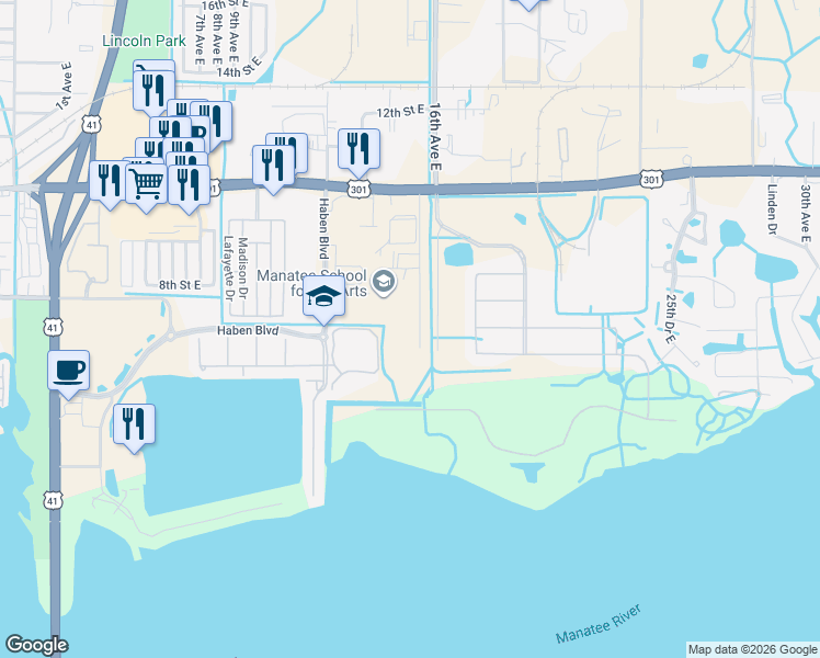 map of restaurants, bars, coffee shops, grocery stores, and more near 529 15th Avenue Drive East in Palmetto