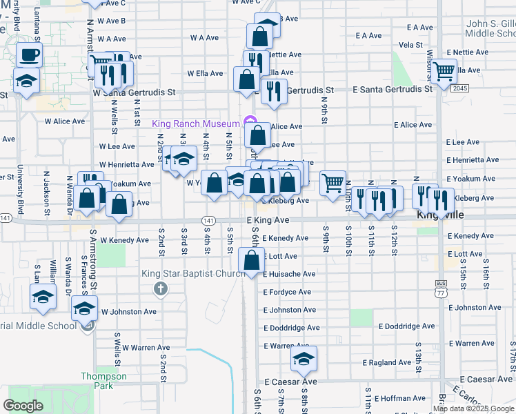 map of restaurants, bars, coffee shops, grocery stores, and more near 201 East Kleberg Avenue in Kingsville