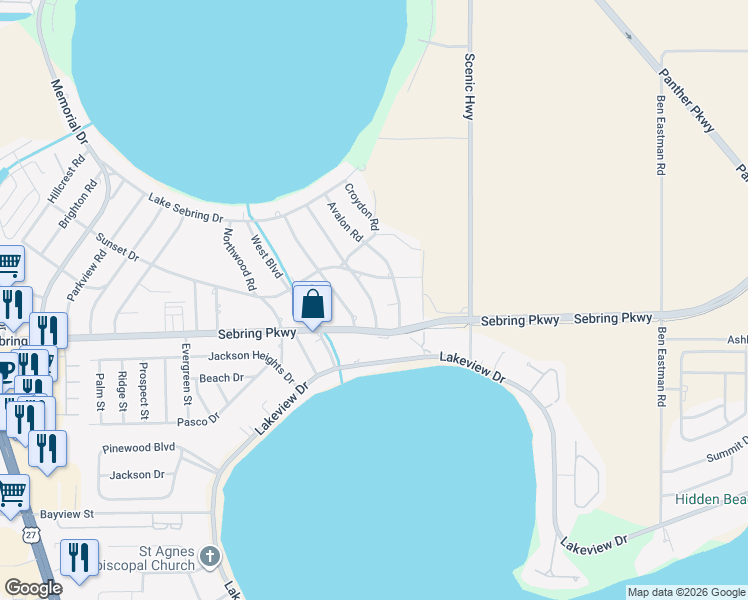 map of restaurants, bars, coffee shops, grocery stores, and more near 2020 Gardenview Road in Sebring