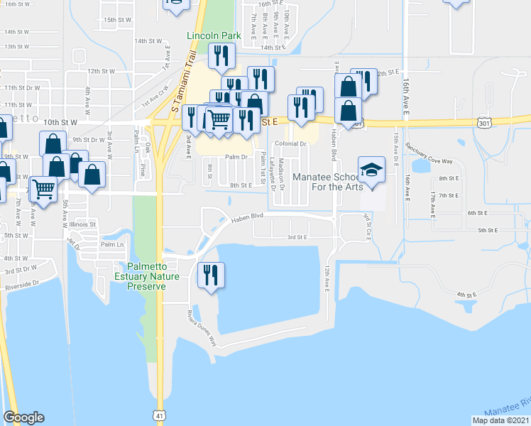 map of restaurants, bars, coffee shops, grocery stores, and more near 435 Haben Boulevard in Palmetto