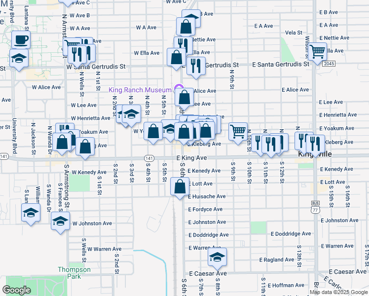 map of restaurants, bars, coffee shops, grocery stores, and more near 201 East Kleberg Avenue in Kingsville
