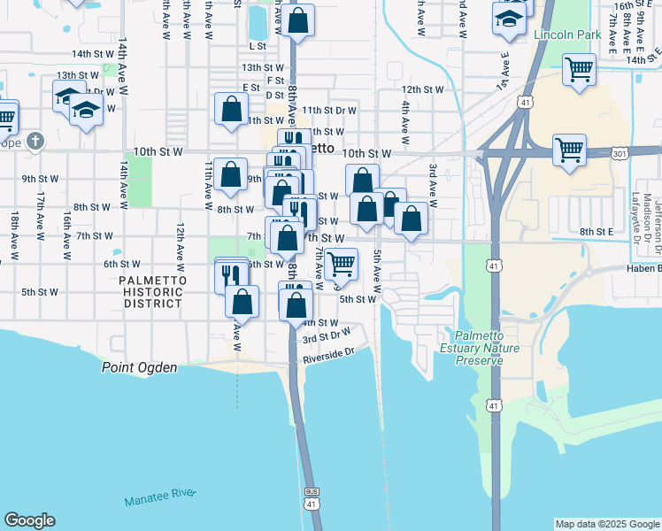 map of restaurants, bars, coffee shops, grocery stores, and more near 506 6th Avenue West in Palmetto
