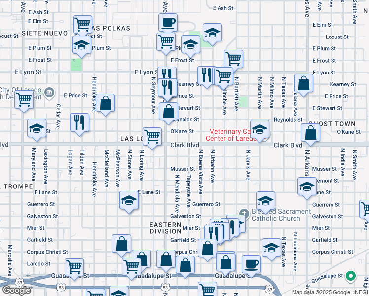 map of restaurants, bars, coffee shops, grocery stores, and more near 1720 Gustavus Street in Laredo