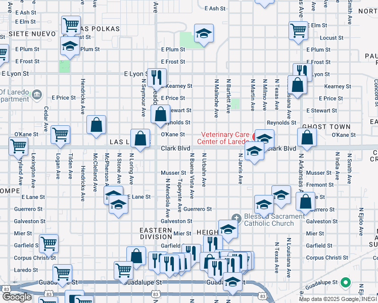 map of restaurants, bars, coffee shops, grocery stores, and more near 1902 Gustavus Street in Laredo