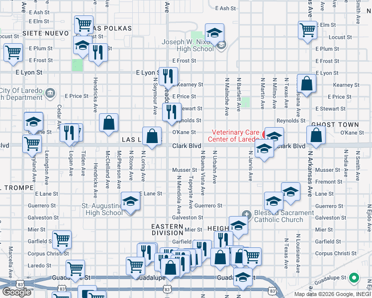 map of restaurants, bars, coffee shops, grocery stores, and more near 1720 Gustavus Street in Laredo