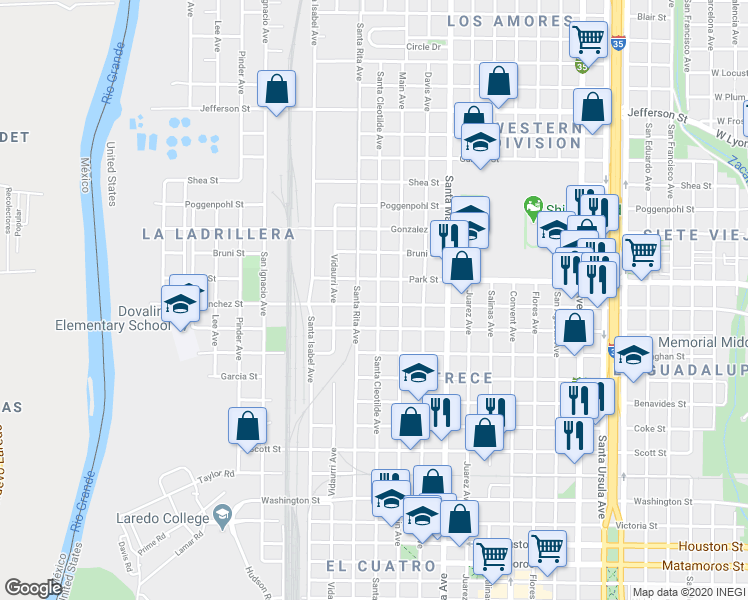 map of restaurants, bars, coffee shops, grocery stores, and more near 1902 Santa Cleotilde Avenue in Laredo