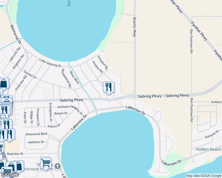 map of restaurants, bars, coffee shops, grocery stores, and more near 2033 Avalon Road in Sebring