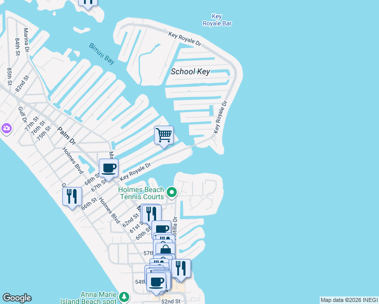 map of restaurants, bars, coffee shops, grocery stores, and more near 539 Key Royale Drive in Holmes Beach