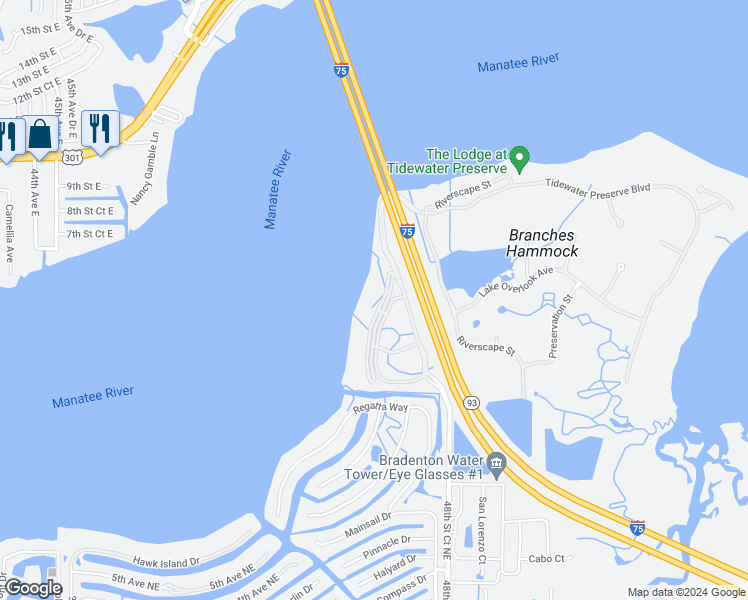 map of restaurants, bars, coffee shops, grocery stores, and more near 1010 Tidewater Shores Loop in Bradenton