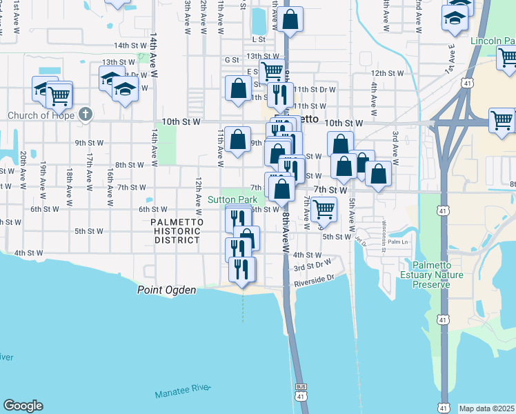 map of restaurants, bars, coffee shops, grocery stores, and more near 910 6th Street West in Palmetto