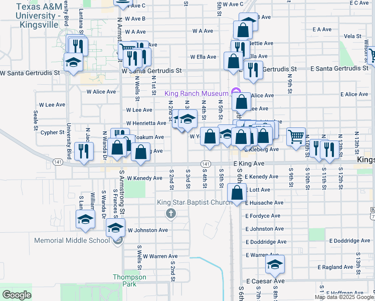 map of restaurants, bars, coffee shops, grocery stores, and more near in Kingsville