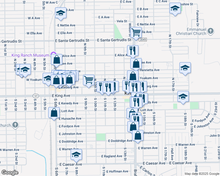 map of restaurants, bars, coffee shops, grocery stores, and more near 700 East Kleberg Avenue in Kingsville