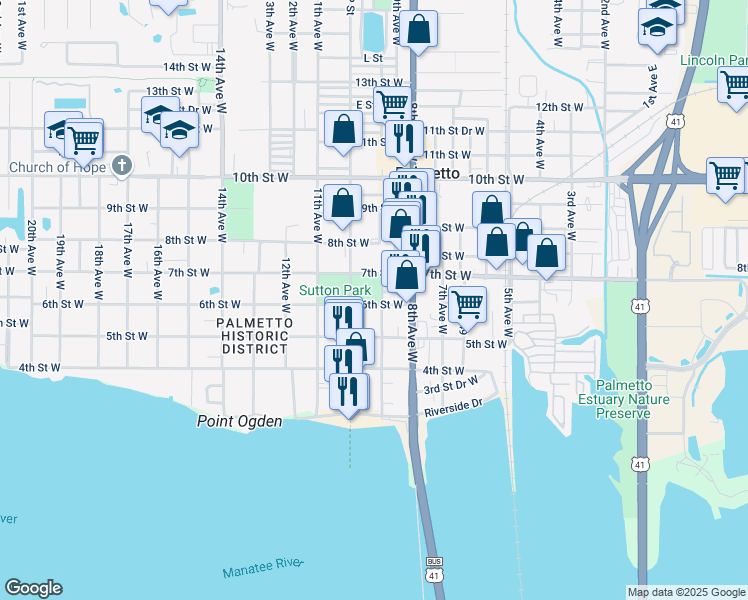 map of restaurants, bars, coffee shops, grocery stores, and more near 910 6th Street West in Palmetto