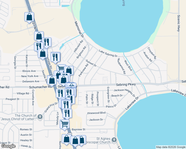 map of restaurants, bars, coffee shops, grocery stores, and more near 109 Longview Rd in Sebring