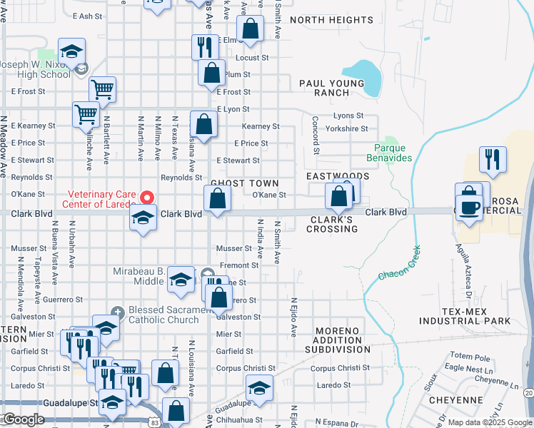 map of restaurants, bars, coffee shops, grocery stores, and more near 3109 Clark Boulevard in Laredo