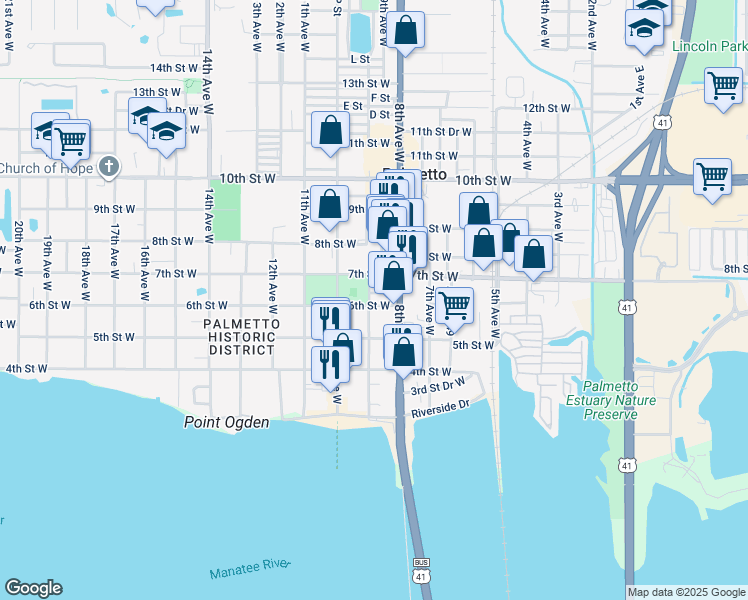 map of restaurants, bars, coffee shops, grocery stores, and more near 810 6th Street West in Palmetto