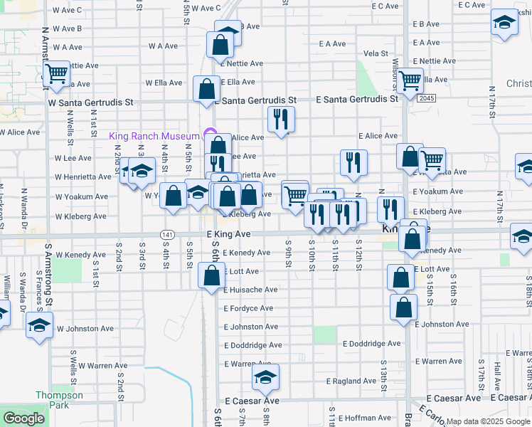 map of restaurants, bars, coffee shops, grocery stores, and more near 409 East Kleberg Avenue in Kingsville