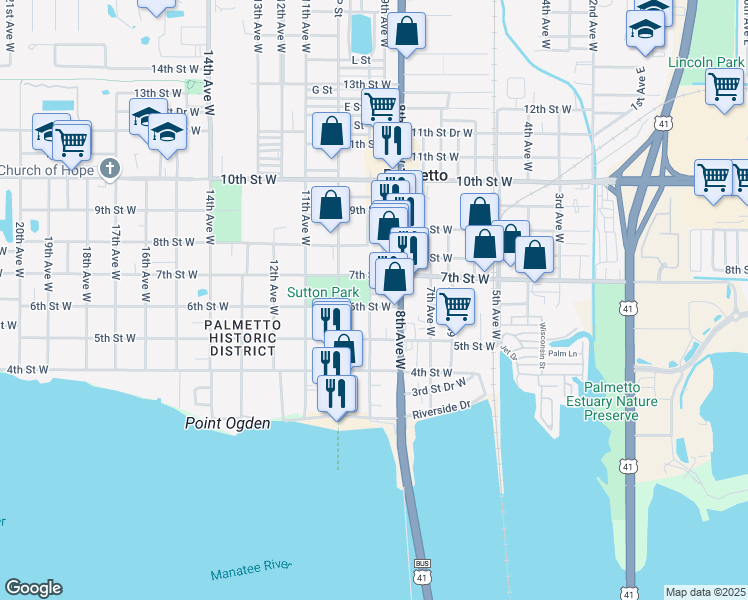 map of restaurants, bars, coffee shops, grocery stores, and more near 810 6th Street West in Palmetto