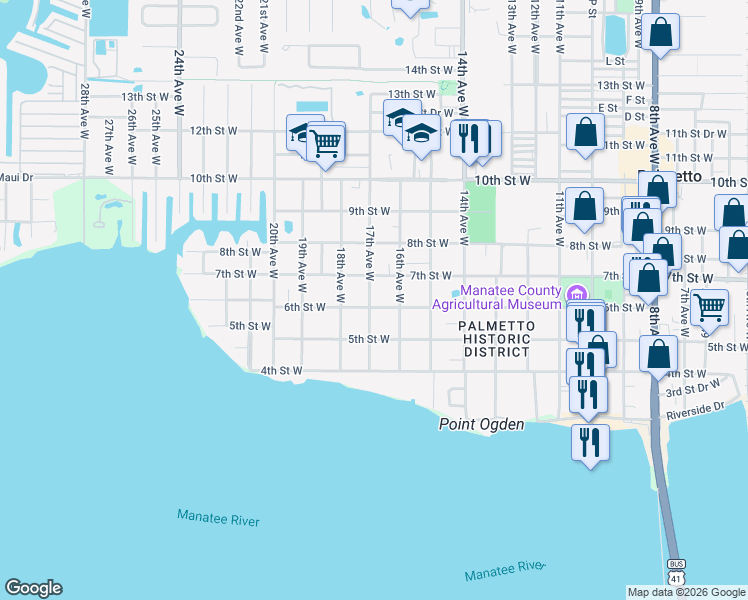 map of restaurants, bars, coffee shops, grocery stores, and more near 505 17th Avenue West in Palmetto