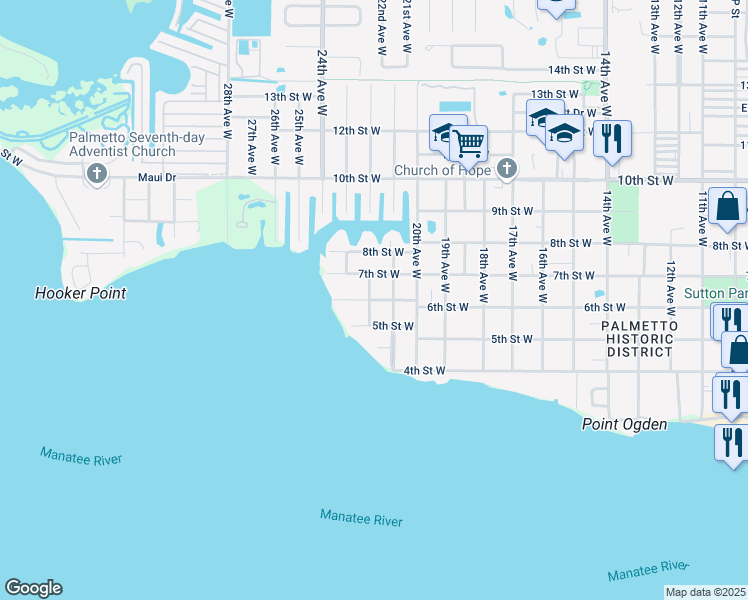 map of restaurants, bars, coffee shops, grocery stores, and more near 2121 6th Street West in Palmetto