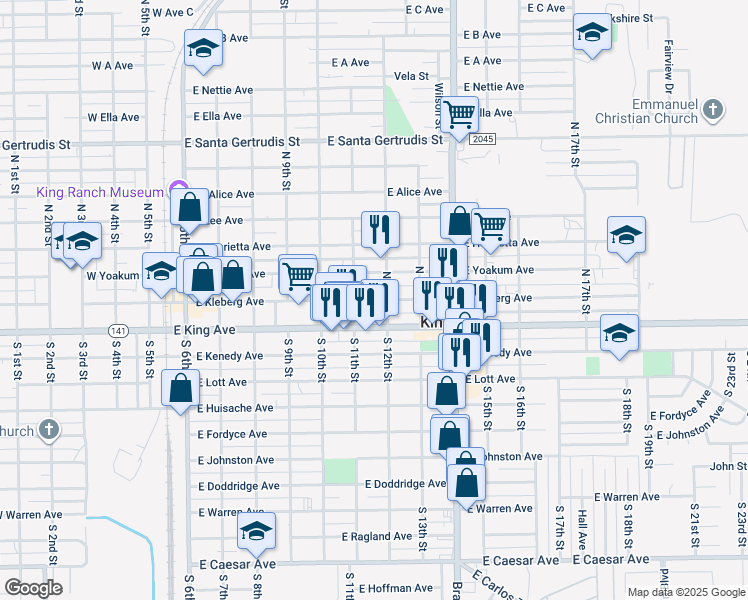 map of restaurants, bars, coffee shops, grocery stores, and more near 700 East Kleberg Avenue in Kingsville