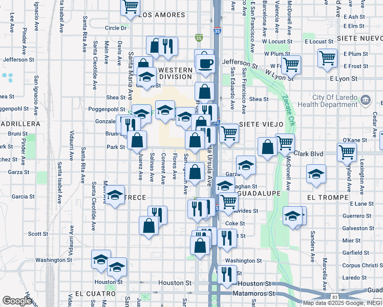 map of restaurants, bars, coffee shops, grocery stores, and more near 1819 San Agustin Avenue in Laredo