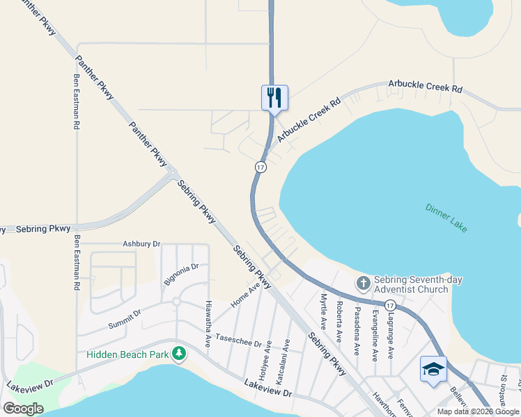 map of restaurants, bars, coffee shops, grocery stores, and more near 3132 Florida 17 in Sebring