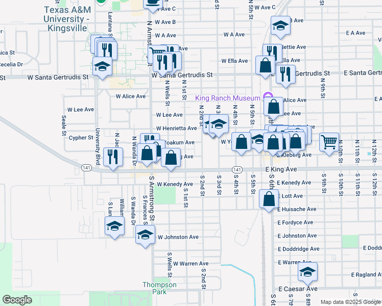 map of restaurants, bars, coffee shops, grocery stores, and more near 520 West Kleberg Avenue in Kingsville