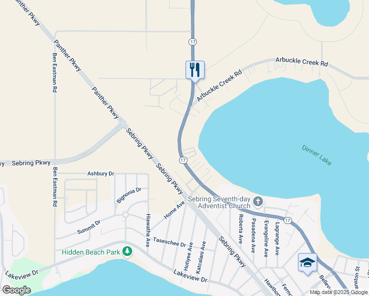 map of restaurants, bars, coffee shops, grocery stores, and more near 3132 Florida 17 in Sebring