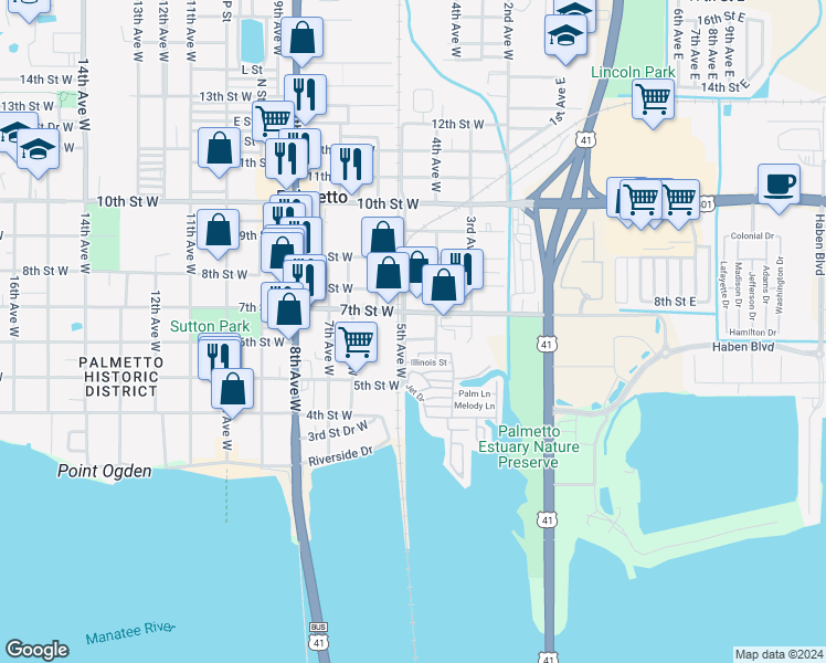 map of restaurants, bars, coffee shops, grocery stores, and more near in Palmetto