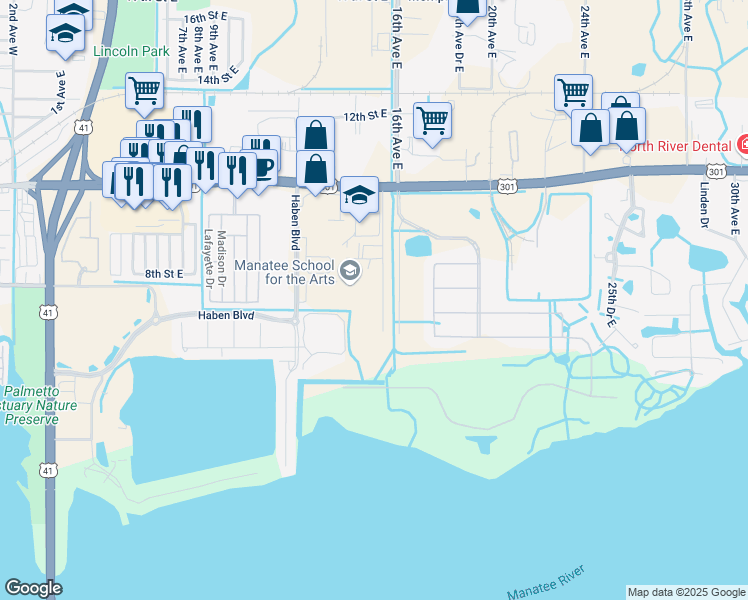 map of restaurants, bars, coffee shops, grocery stores, and more near 711 15th Avenue Drive East in Palmetto