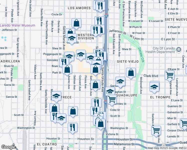 map of restaurants, bars, coffee shops, grocery stores, and more near 2002 San Bernardo Avenue in Laredo