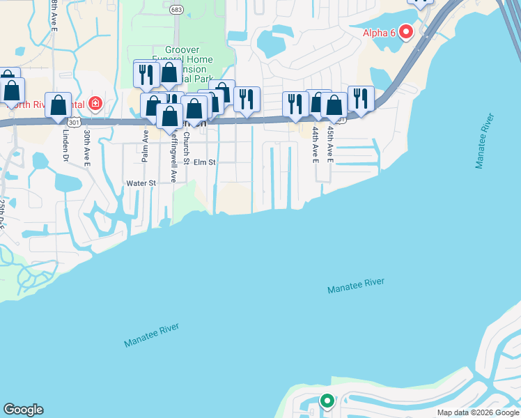 map of restaurants, bars, coffee shops, grocery stores, and more near 610 Ixora Avenue in Ellenton