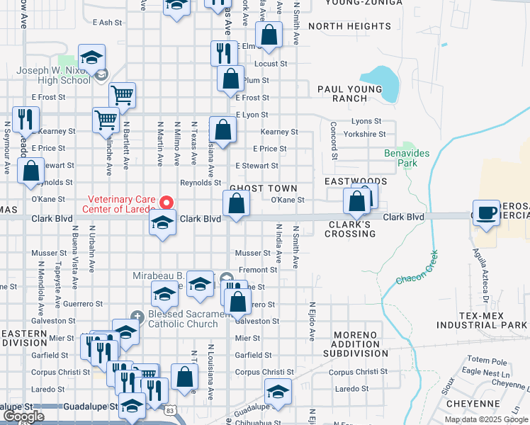 map of restaurants, bars, coffee shops, grocery stores, and more near 2319 North New York Avenue in Laredo