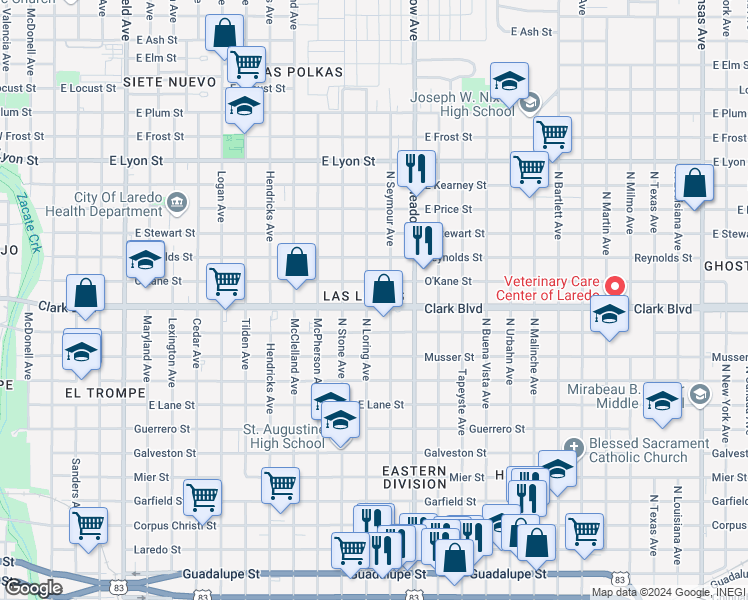 map of restaurants, bars, coffee shops, grocery stores, and more near 2320 North Seymour Avenue in Laredo