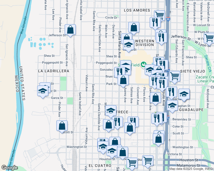 map of restaurants, bars, coffee shops, grocery stores, and more near 1604 Park Street in Laredo