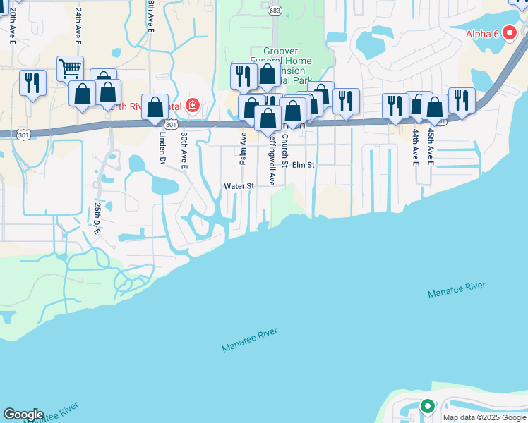 map of restaurants, bars, coffee shops, grocery stores, and more near 515 Leffingwell Avenue in Ellenton